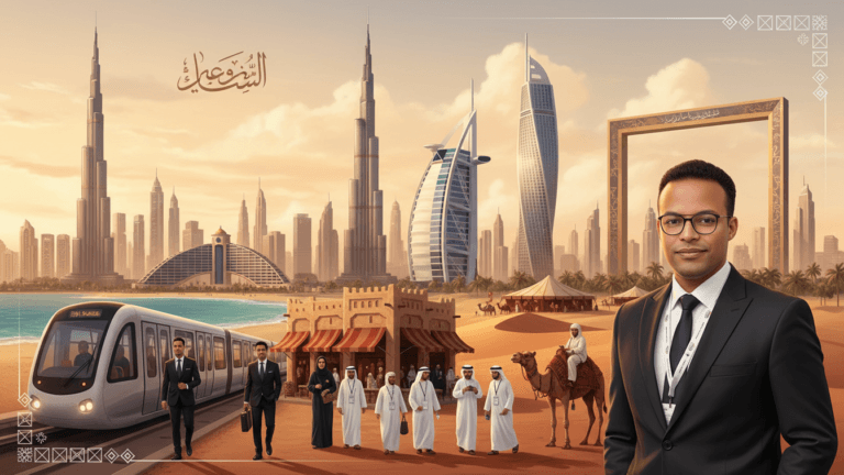 UAE experience visual with Dubai landmarks and cultural elements, including Ashraf Azim logo. UAE experience visual with Dubai landmarks and cultural elements, including Ashraf Azim logo.