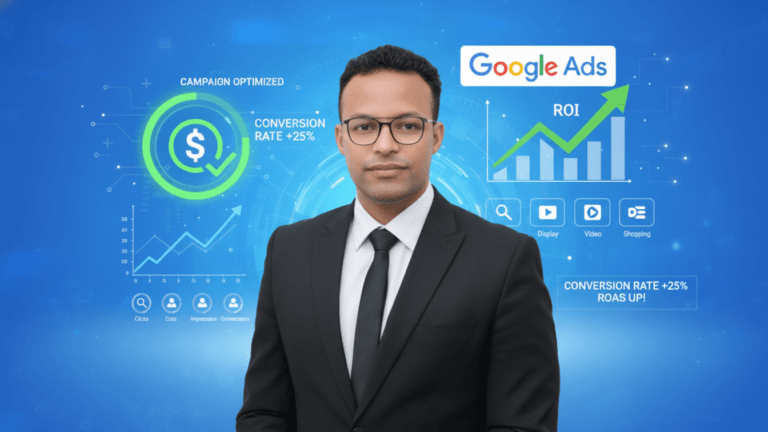 حملة إعلانات جوجل مع رسوم بيانية للأداء – Google Ads campaign with performance charts.