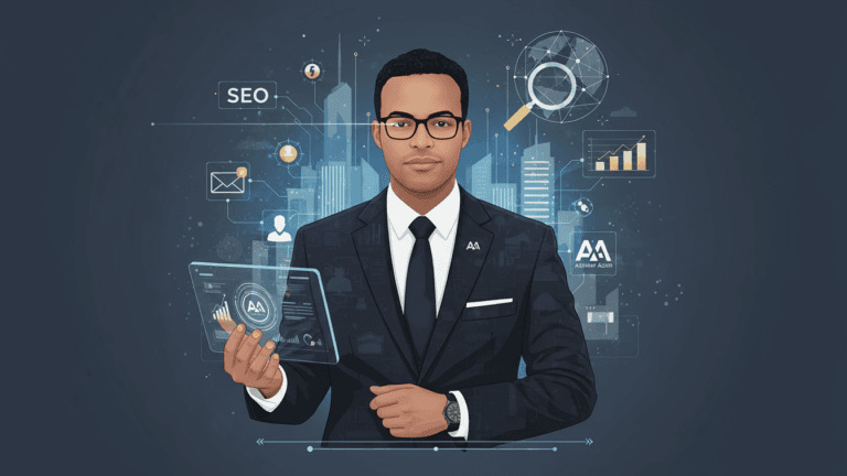 استشاري SEO مع مخططات وتحليلات نمو – SEO consultant concept with charts and analytics.